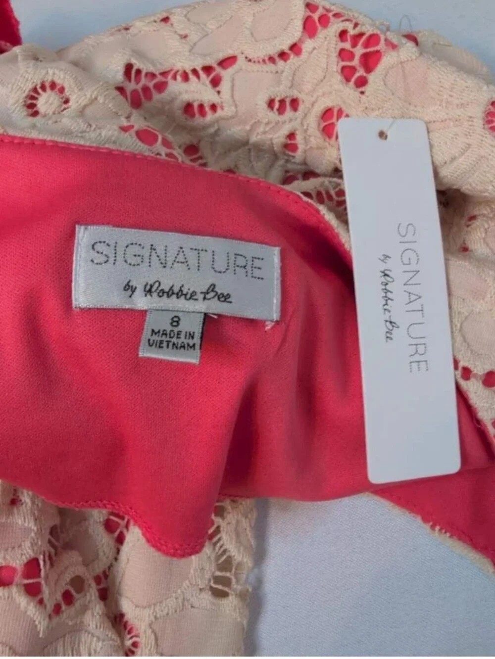Signature By Robbie Bee Lace Overlay Sleeveless Dress Ivory Coral Pink Size 8 - Picture 3 of 6